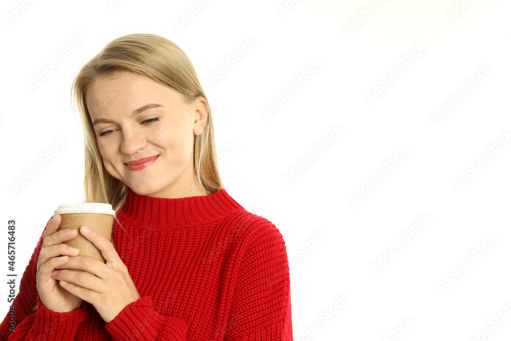Attractive girl with paper cup isolated on white background Attractive girl with paper cup isolated on white background