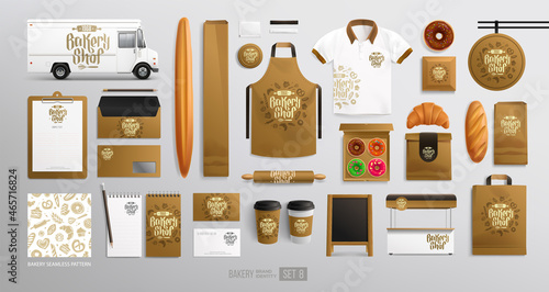 Bakery Shop branding package Mock-Up set with logo design. Corporate identity mockup with food truck. Bakery food package. Realistic MockUp set of logo, baked goods uniform, plastic cup, paper bag