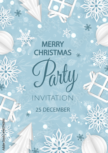 Merry Christmas Party invitation. Happy New Year card Decoration. Winter background. Seasonal holidays.