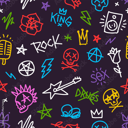 Rock'n'Roll doodle style fashion seamless pattern with Punk elements - vector template. Endless hand drawn fashion background. Rock n Roll for badge, Tee print stamp t-shirt, print fabric texture