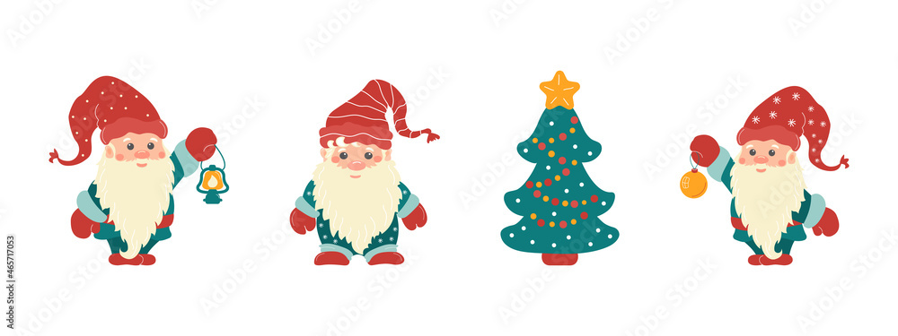Set of little Christmas gnomes in caps with festive tree, lantern, ball.