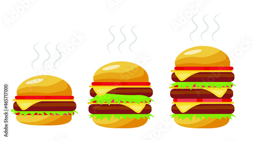 a set of hamburgers,cheeseburgers,double hamburger,triple hamburger on an isolated background in a cartoon flat style with highlights.fast food