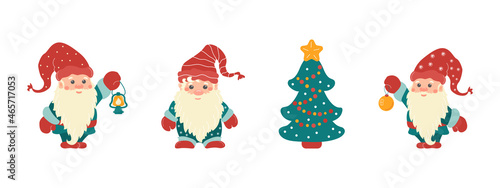 Set of little Christmas gnomes in caps with festive tree  lantern  ball.