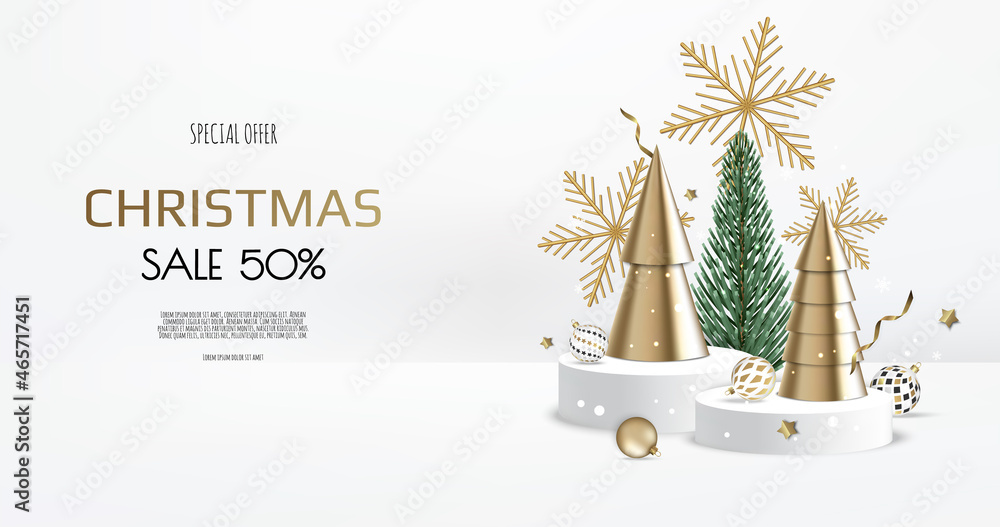 Realistic podium for winter and christmas design, sale. Greeting card, banner, poster, header for website