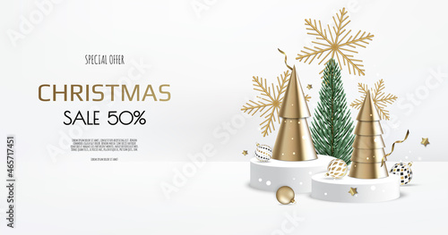 Realistic podium for winter and christmas design, sale. Greeting card, banner, poster, header for website