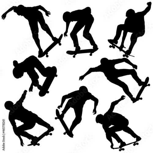 Set black silhouette of an athlete skateboarder in a jump