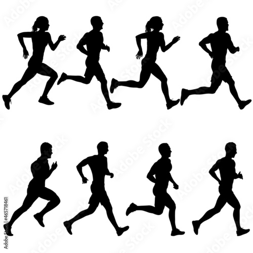 Set of silhouettes. Runners on sprint men and women on white background