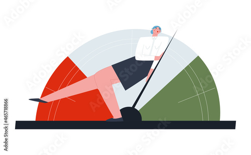 Businesswoman moves the speedometer needle into the green zone. The man is exerting maximum effort. Vector isolated illustration.