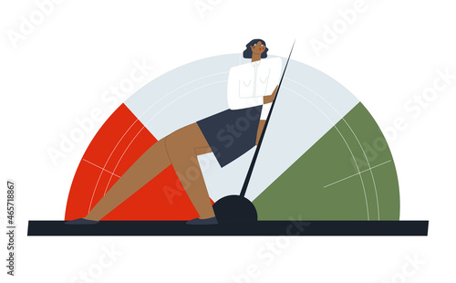 Businesswoman moves the speedometer needle into the green zone. The man is exerting maximum effort. Vector isolated illustration.