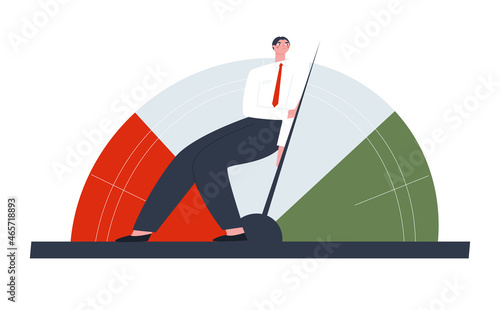 The businessman drives the speedometer needle into the green zone. The man is exerting maximum effort. Vector isolated illustration.