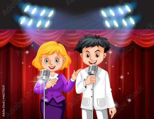 Couple singing with microphone on stage
