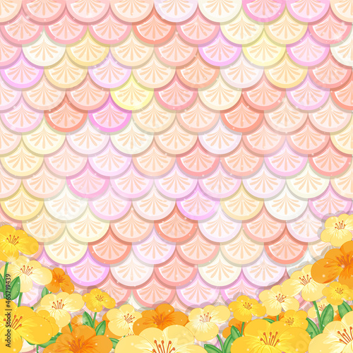 Pastel mermaid scale pattern with many flowers