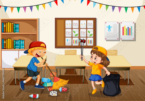 Scene with students cleaning classroom together