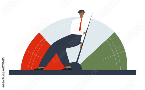 The businessman drives the speedometer needle into the green zone. The man is exerting maximum effort. Vector isolated illustration.