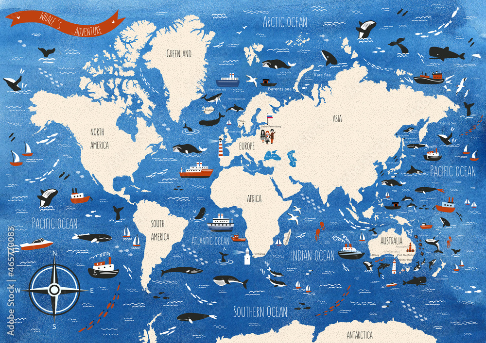 Cartoon watercolor world map of whales, ships, sailboat, hand drawn ...