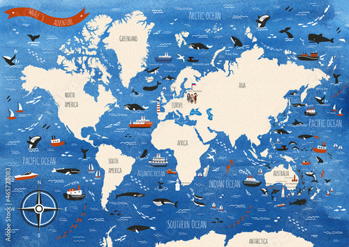 Cartoon watercolor world map of whales, ships, sailboat, hand drawn decorative ocean background, doodle illustration marine life, sea poster design travel fantasy wallpaper animal for play kid photo
