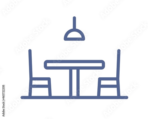 Outlined empty dining table, chair and lamp icon in line art style. Restauran...