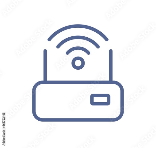 Simple lineart icon of router with good solid wifi signal. Wireless internet ...