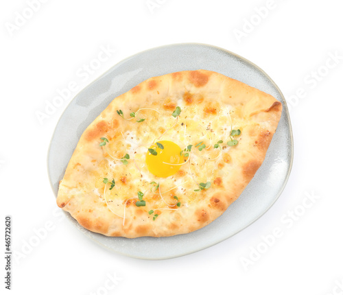 Fresh delicious Adjarian khachapuri isolated on white, top view