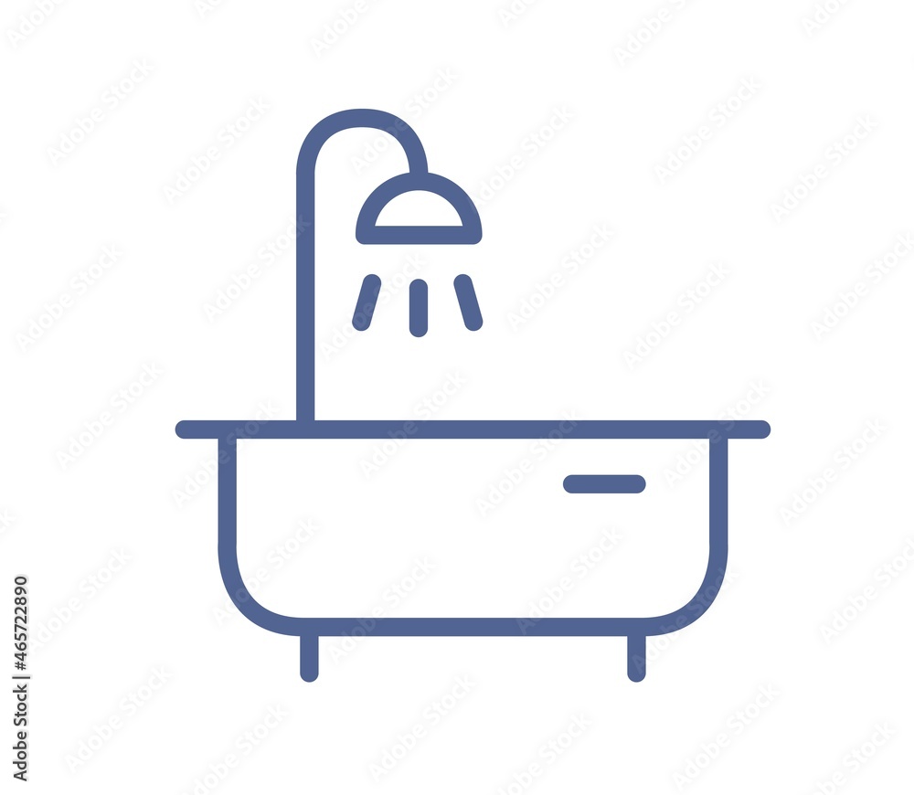 Bath tub and shower head icon in line art style. Lineart bathtub symbol. Outlined bathroom pictogram for UI design. Simple linear flat vector illustration isolated on white background Bath tub and shower head icon in line art style. Lineart bathtub symbol. Outlined bathroom pictogram for UI design. Simple linear flat vector illustration isolated on white background