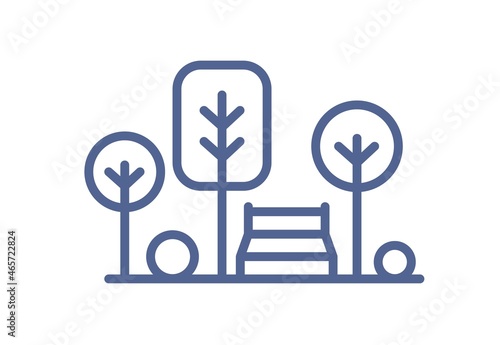 Icon of park with trees and bench in line art style. Lineart landscape with p...
