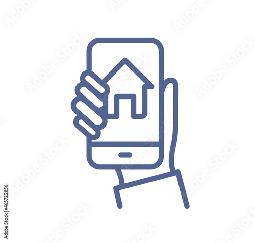 Smart home control app on phone screen in hand. Simple line art icon of house...