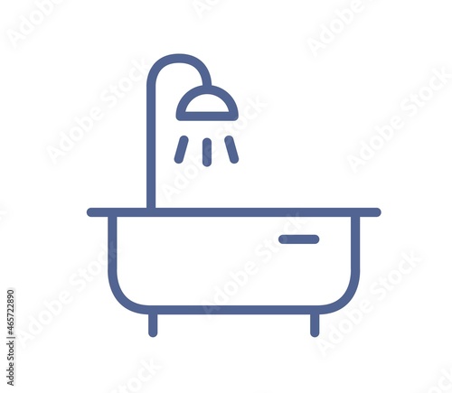 Bath tub and shower head icon in line art style. Lineart bathtub symbol. Outlined bathroom pictogram for UI design. Simple linear flat vector illustration isolated on white background