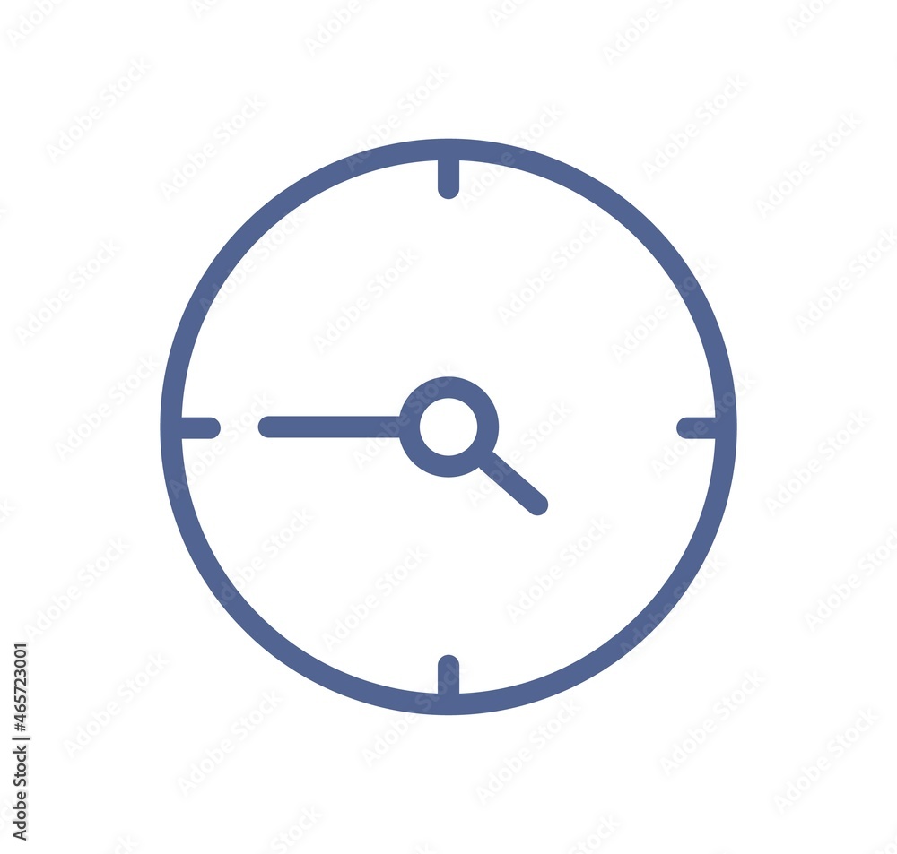 Simple line art icon of clock with hour and minute arrows on circle dial. Lineart timer with day time. Timepiece with pointers pictogram. Linear flat vector illustration isolated on white background Simple line art icon of clock with hour and minute arrows on circle dial. Lineart timer with day time. Timepiece with pointers pictogram. Linear flat vector illustration isolated on white background