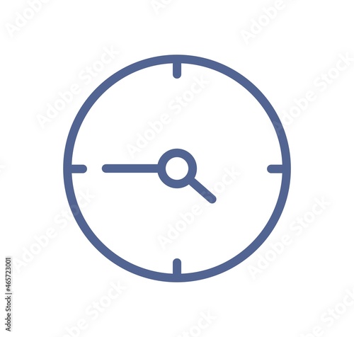 Simple line art icon of clock with hour and minute arrows on circle dial. Lineart timer with day time. Timepiece with pointers pictogram. Linear flat vector illustration isolated on white background