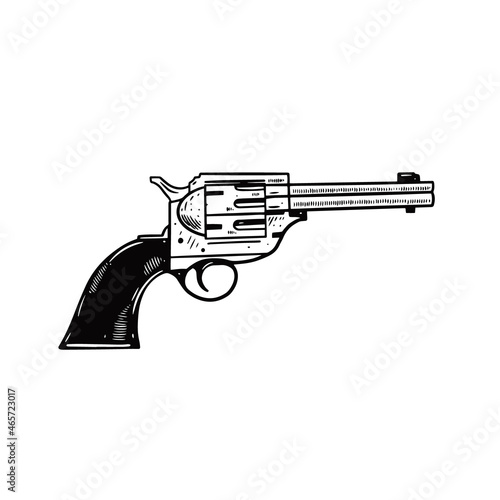 Retro gun. Hand drawn outline vector illustration. Engraving style element.