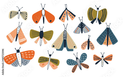 Set of colored doodle moths isolated on white background. Cute butterflies ha...