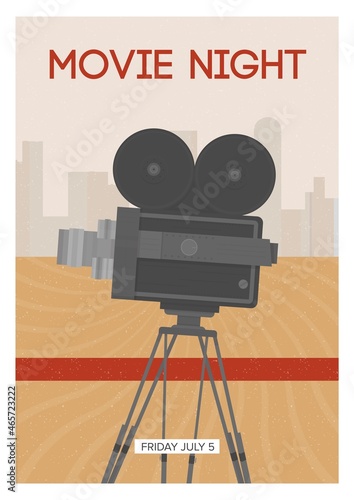 Vertical poster, placard, flyer or invitation template for movie night or motion picture premiere with retro film camera or projector standing on tripod. Vector illustration for event advertisement.