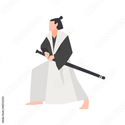 Samurai warrior isolated on white background. Brave Japanese knight wearing kimono, standing in fight position and holding katana sword. Colored vector illustration in flat cartoon style for logotype.
