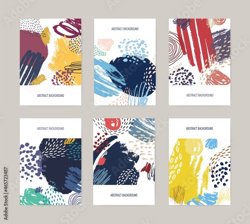 Collection of card, postcard or flyer templates with abstract bright colored paint blotches, stains, drops, scribble, brush strokes on white background. Artistic vector illustration in modern style