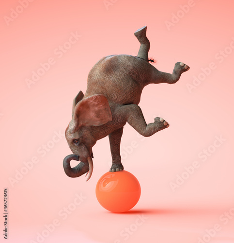 African elephant swinging on an orange ball. 3D illustration