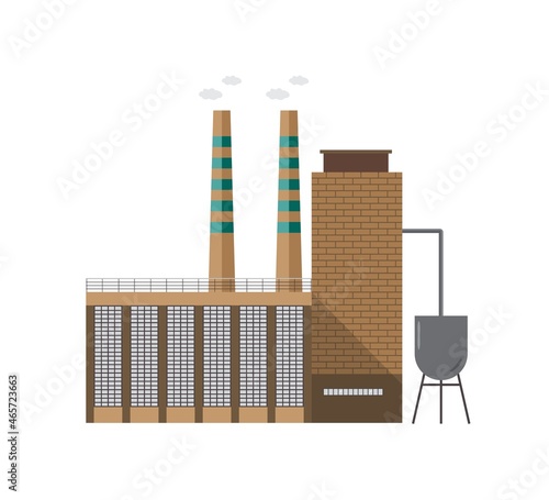 Modern industrial factory building or boiler house with pipe emitting vapor isolated on white background. Facade of centralized heating plant. Cartoon colorful vector illustration in flat style.