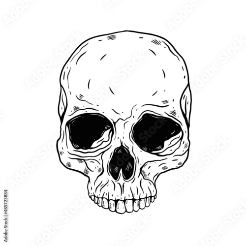 Scull face engraving style. Hand drawn black color vector illustration.