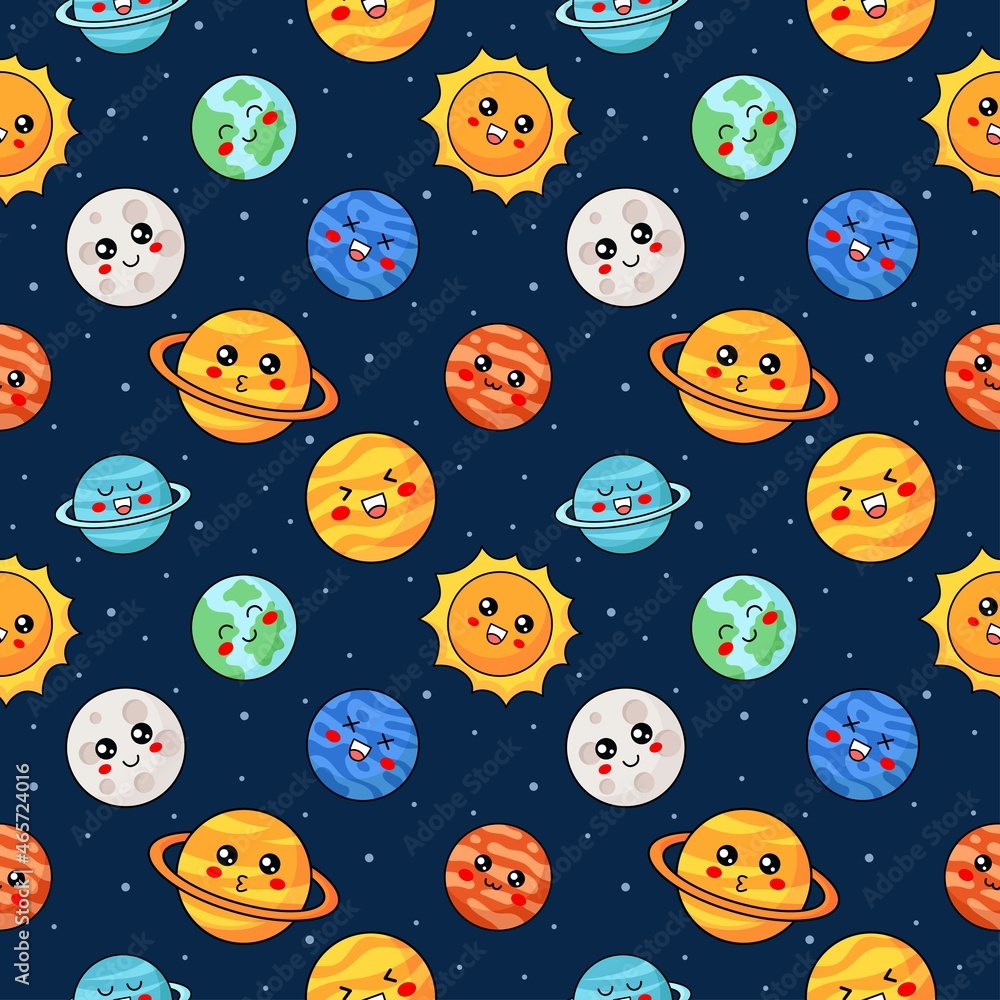 seamless pattern cute funny kawaii space. planets cartoon style isolated on blue background. vector Illustration. seamless pattern cute funny kawaii space. planets cartoon style isolated on blue background. vector Illustration.