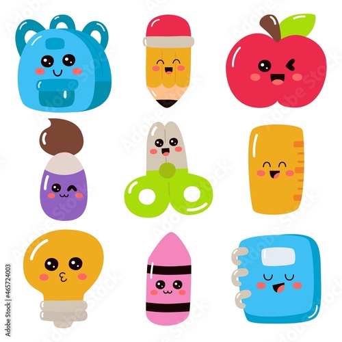 set of kawaii cartoon school supplies. back to school on white background. vector Illustration.