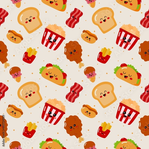 seamless pattern cute funny fast food kawaii style icons isolated on pink background. illustration vector.