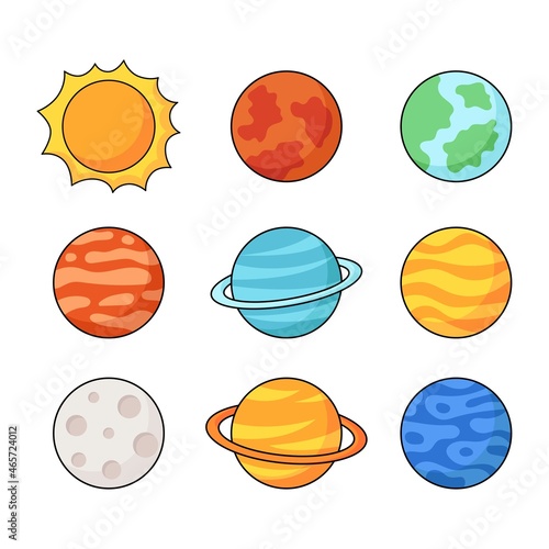 set of space icons. planets cartoon style. isolated on white background. vector illustration.