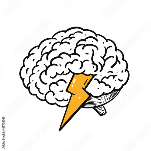 Brain idea lightning. Hand drawn cartoon style vector illustration.