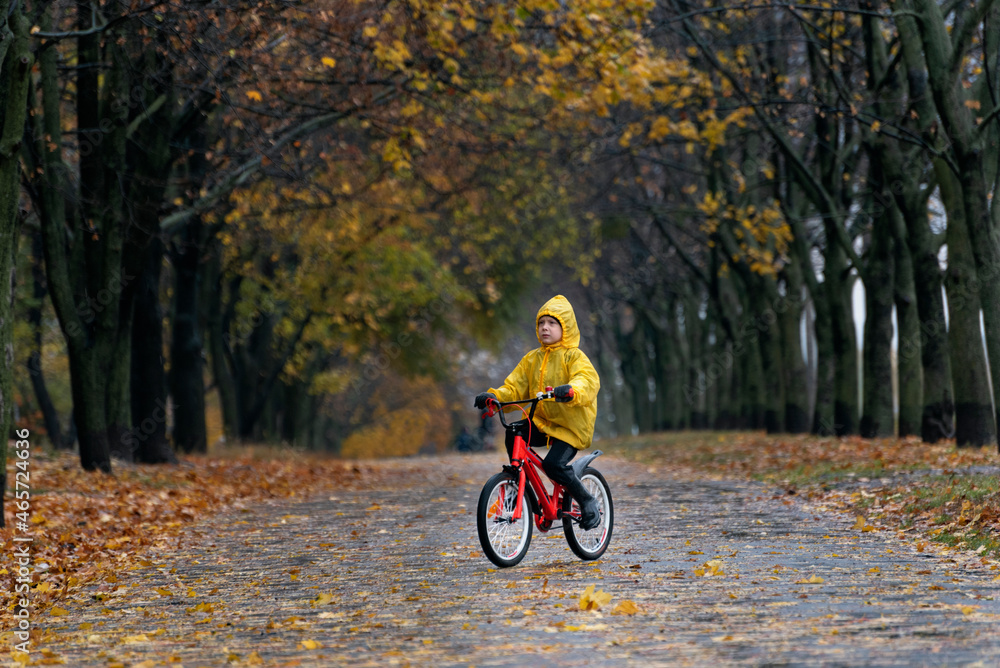 Child rides bicycle in deserted autumn park. Boy in yellow raincoat rides bicycle in rainy autumn park.