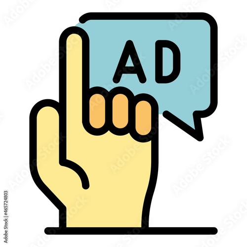 Hand and ad bubble icon. Outline hand and ad bubble vector icon color flat isolated