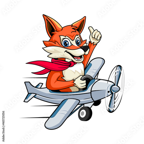 cartoon cute fox riding an airplane