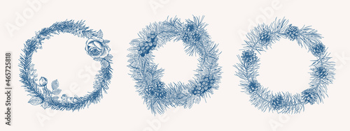 Christmas set botanical wreaths. Winter template with fir and pine branches and cones. Botanical  logo isolated on white background. Engraving style. Blue and White.
