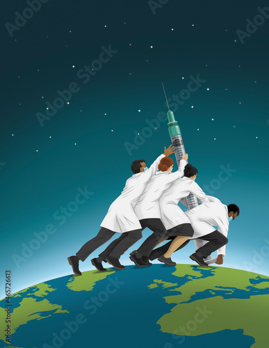 Scientists working together to raise vaccine syringe on top of the world photo