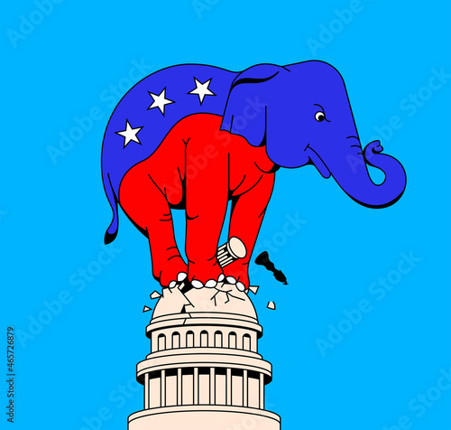 Republican elephant on top of crumbling Capitol Building