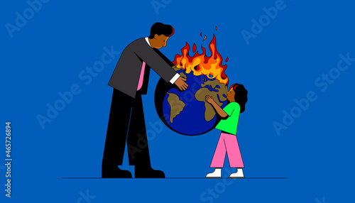 Man handing over burning planet earth to child photo
