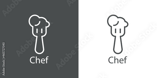Banner con texto Chef con tenedor con forma de gorro de cocinero con lineas en fondo gris y fondo blanco